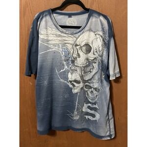 Vintage Sinister UFC MMA Blue Skeleton Spider Skulls T Shirt Y2K Sz 2XL Tub3